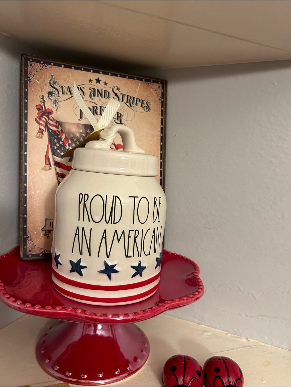 Tea Dunn Ceramic Canister “Proud to Be an American" White, Red & Navy